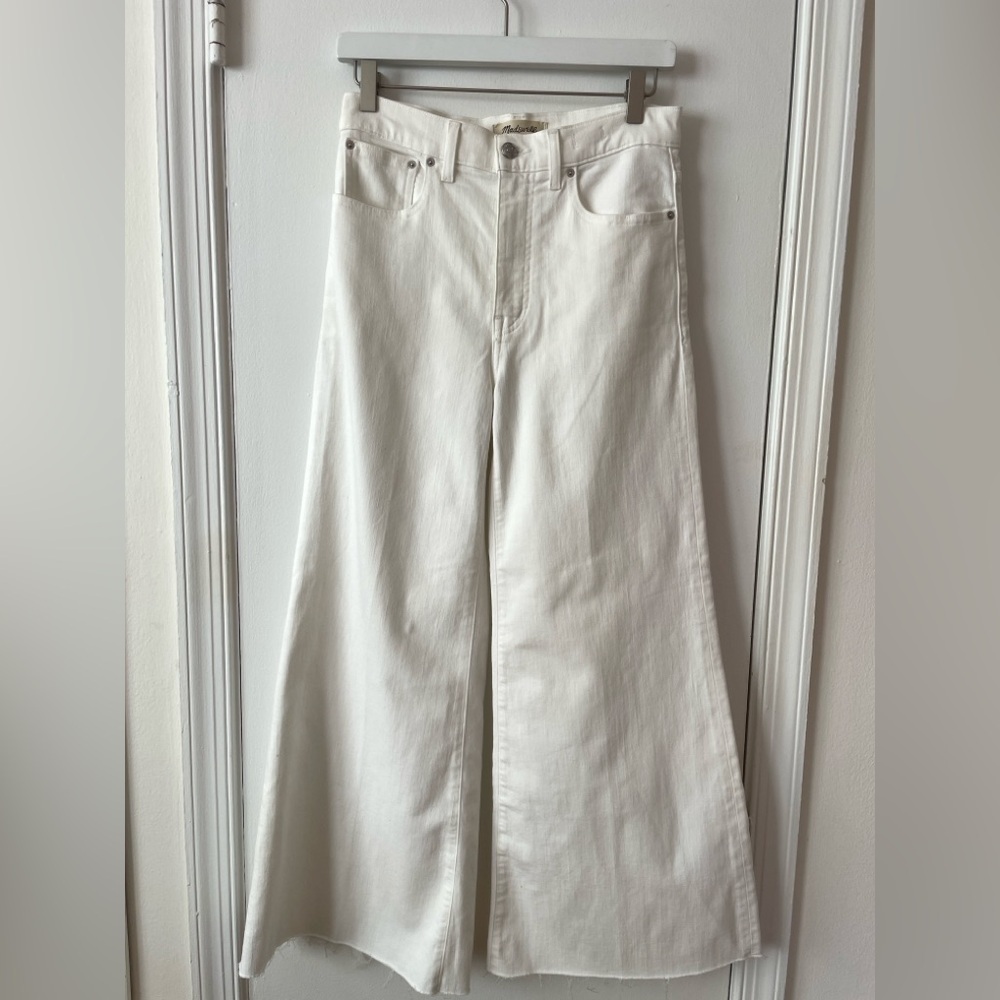 Madewell white flared wide leg cropped jeans raw hem high-rise magic pocket 27 - Picture 2 of 13